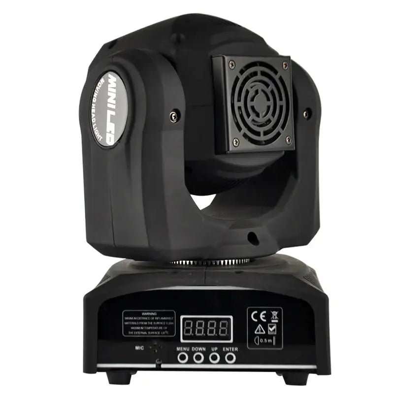 Modern black 30w led moving head spot light with digital display and ventilation grille for stage and event spaces