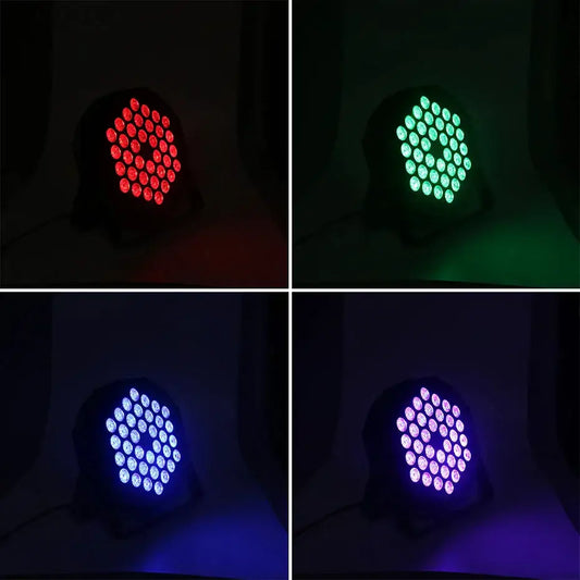 Modern black circular led rgbw stage par light fixture with 36 bright round leds in hexagonal pattern for parties