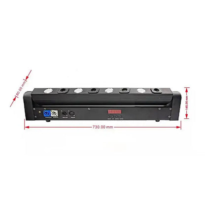 Black rectangular led light bar with six circular fixtures and digital display on back featuring eye red 500mw laser light