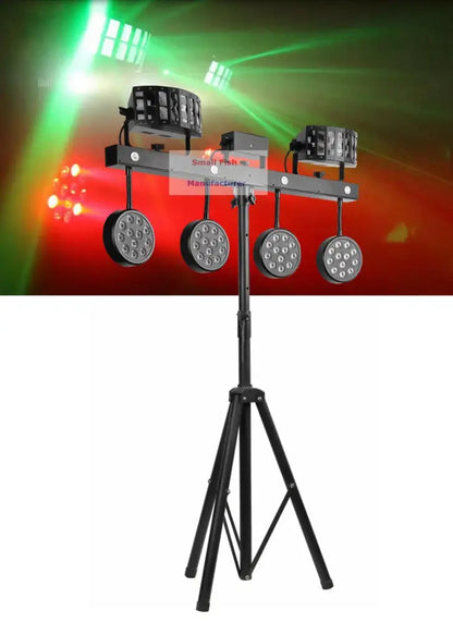 Modern black 4-in-1 led light stand with four circular spotlight heads and two fixtures on tripod for disco party lighting