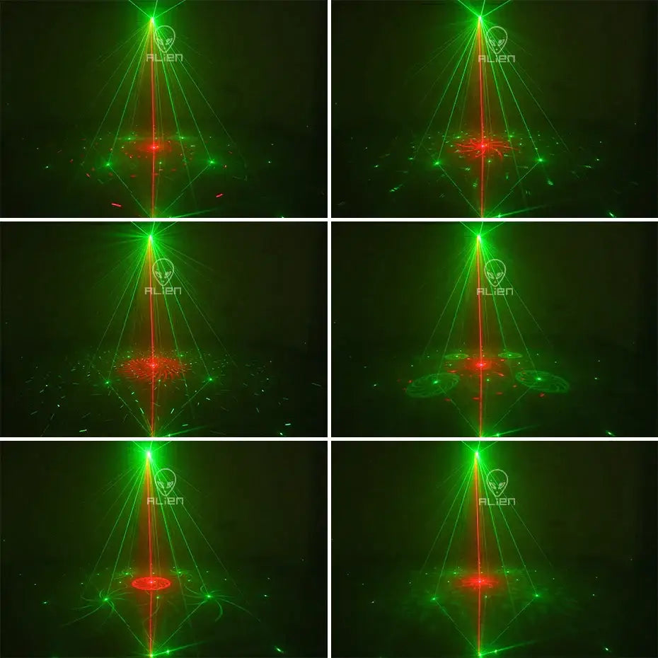 Modern black 4-in-1 stage light crystal ball strobe uv blacklight projecting green and red alien-themed laser stage lighting patterns