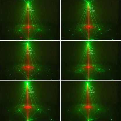 Modern black 4-in-1 stage light crystal ball strobe uv blacklight projecting green and red alien-themed laser stage lighting patterns