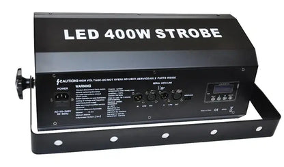 Black 400w high power led strobe light with matte finish and multiple input output ports on the back panel