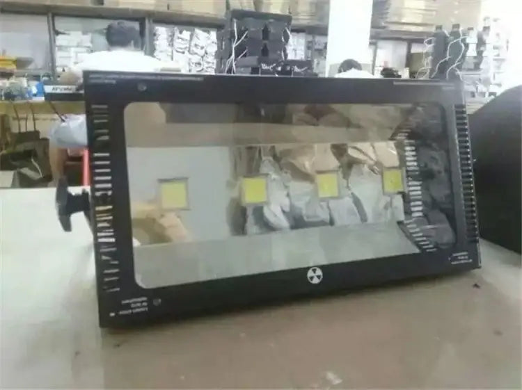 Modern black 400w high power led strobe light with four yellow square leds and radioactive symbol for stage decor