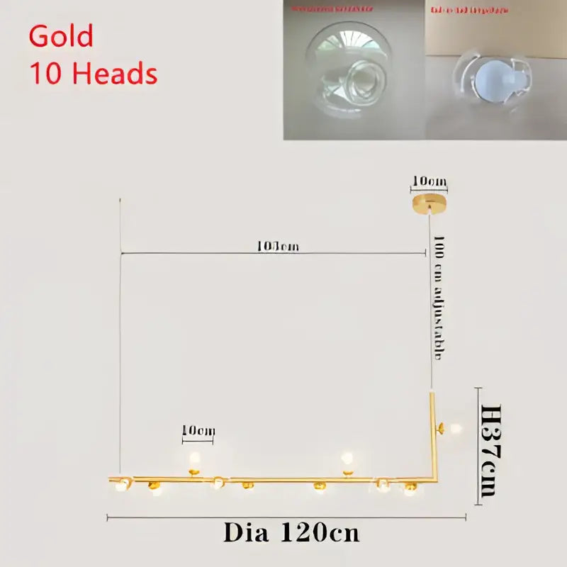 Gold-colored pendant light with ten spherical glass shade heads in a modern adjustable design for dining room use