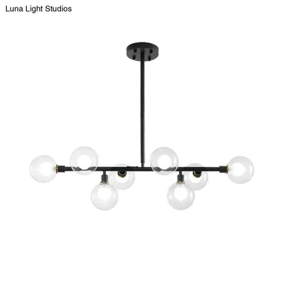 Modern black 8-head kitchen chandelier with clear glass shade featuring a black metal light kit and clear glass bulbs