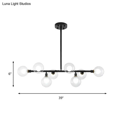 Modern black 8-head kitchen chandelier featuring a black metal light kit with clear glass shade globe bulbs