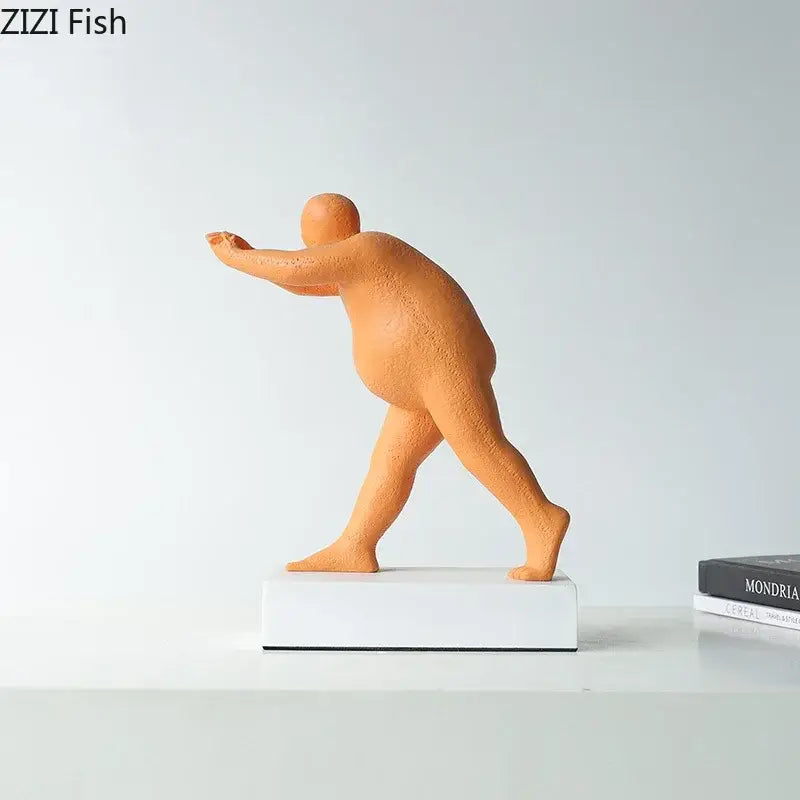 Orange resin abstract sculpture of a stylized overweight person in mid-stride on white base for home decor