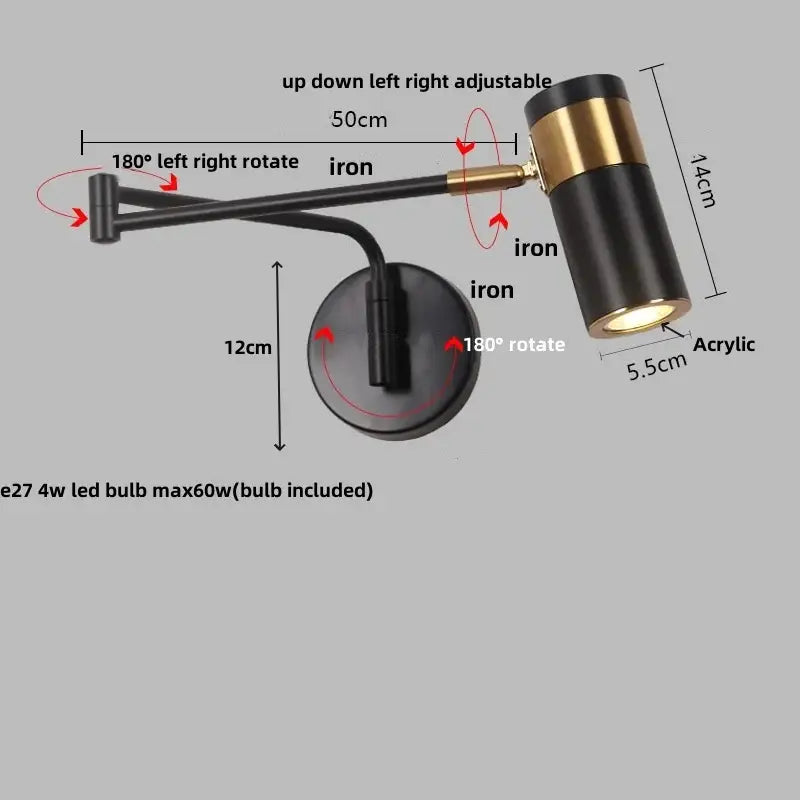 Adjustable black and brass iron wall lamp with acrylic lens modern acrylic iron led for bedroom reading light decorbites