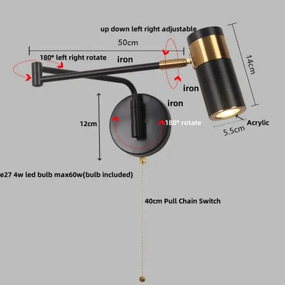 Modern black acrylic iron led wall lamp with adjustable brass details and acrylic shade for bedroom reading decorbites acrylic iron