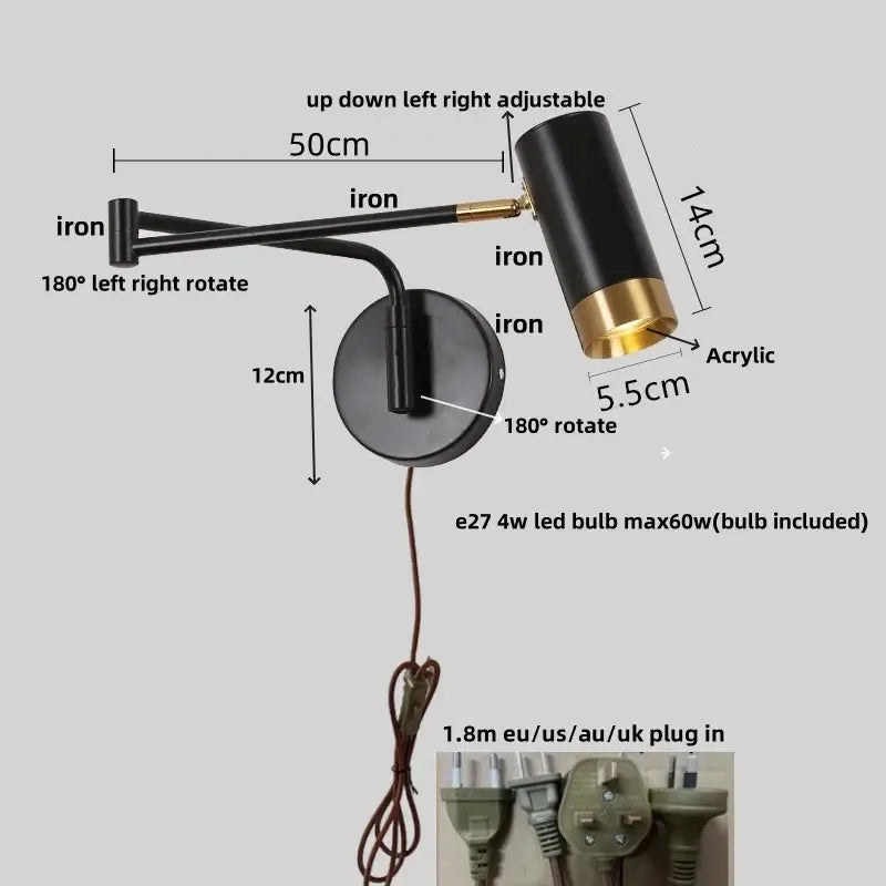 Modern black acrylic iron led wall lamp with brass adjustable arms and acrylic shade for bedroom reading decorbites acrylic iron