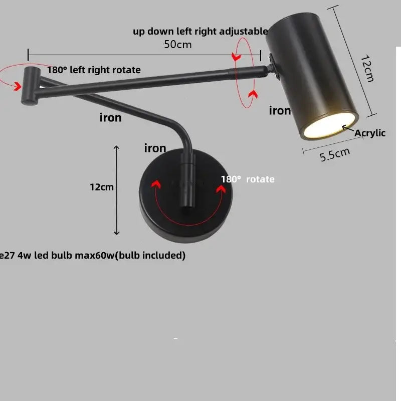 Modern black acrylic iron led wall lamp with adjustable arm and cylindrical shade for bedroom reading light decorbites wall lamp