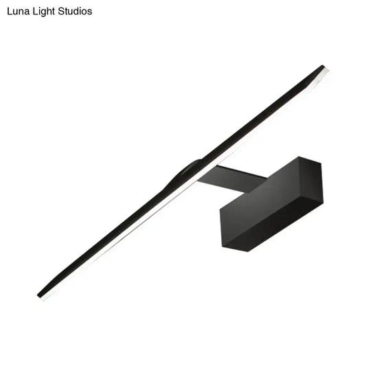 Modern black acrylic led vanity light with sleek wall-mounted design emitting warm white light for bedroom use