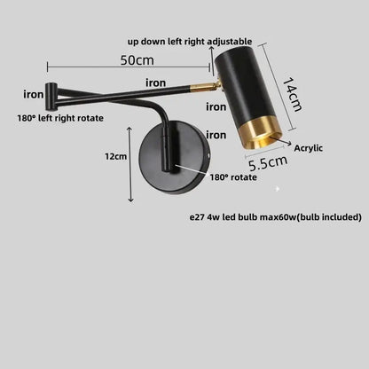 Modern black adjustable wall lamp with acrylic iron led shade and iron arms for bedroom reading light decorbites acrylic iron