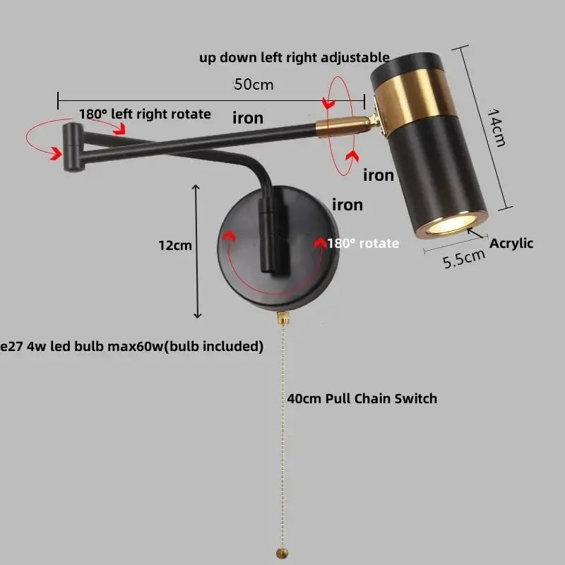 Modern black adjustable acrylic iron led wall lamp with brass accents and acrylic shade for bedroom reading decorbites acrylic iron