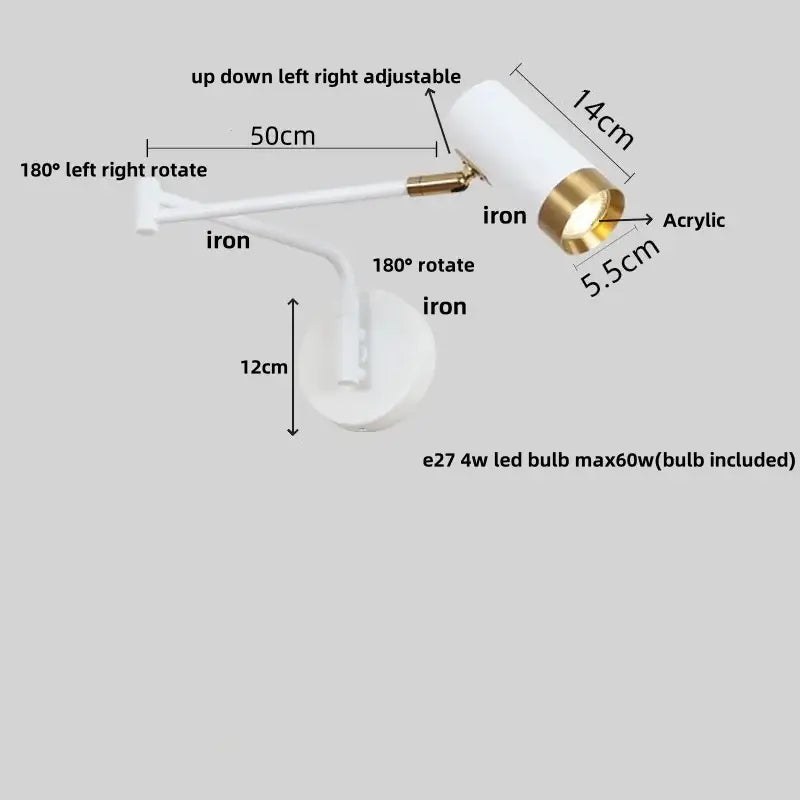 Modern black adjustable wall lamp with decorbites acrylic iron led spotlight for bedroom reading light