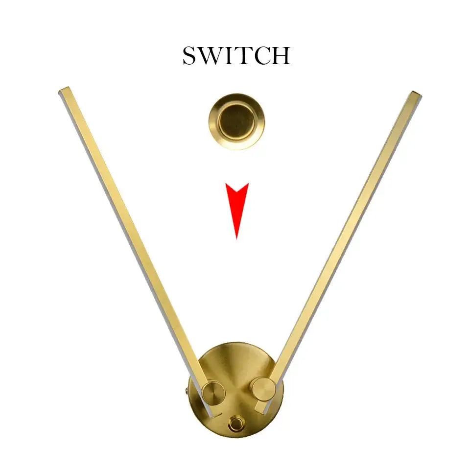 Gold-colored decorbites adjustable double arm wall light with v-shaped switch and circular push-button top for living room