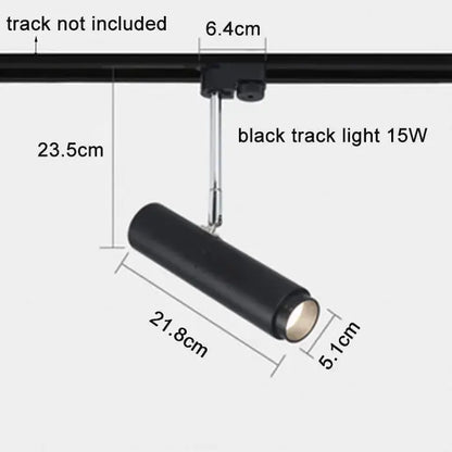Modern black adjustable focus track lights with cylindrical 15w design and metallic mounting bracket for commercial use