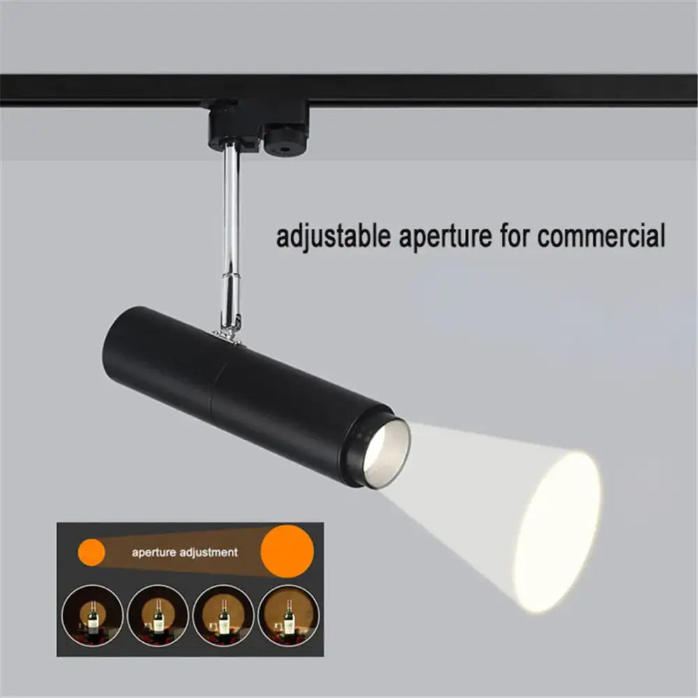 Modern black cylindrical track lights with adjustable focus aperture for commercial use by decorbites adjustable focus