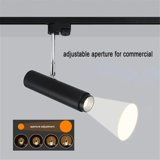 Modern black cylindrical track lights with adjustable focus aperture for commercial use by decorbites adjustable focus