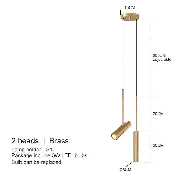 Brass pendant light with two cylindrical lamp heads and adjustable height for modern black adjustable led spotlight chandelier