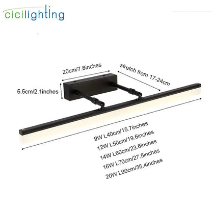 Modern black matte-finished adjustable led vanity lights with sleek design and multiple length options for bathroom walls