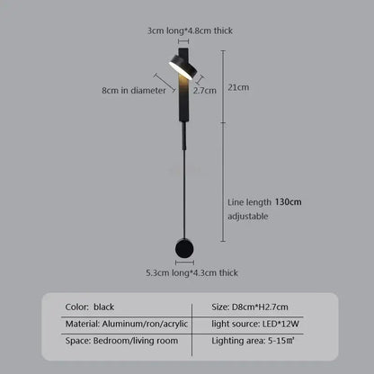 Modern black adjustable led wall lamp with sleek aluminum iron acrylic design and 130cm line length by decorbites