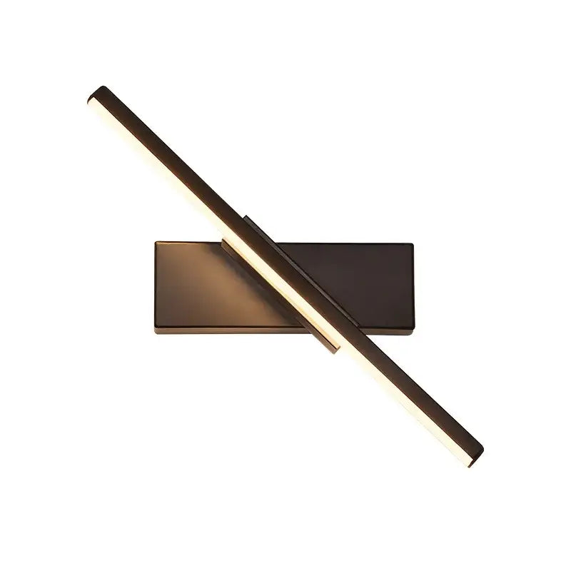 Modern black adjustable led wall sconce with sleek angular design and intersecting led strips emitting warm white light