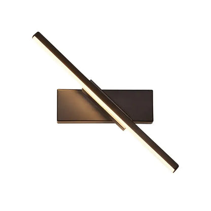 Modern black adjustable led wall sconce with sleek angular design and intersecting led strips emitting warm white light