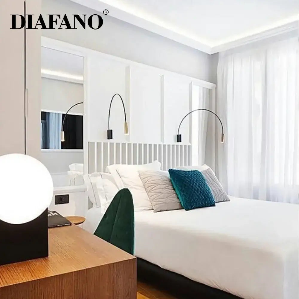 White spherical lamp with black base on wooden nightstand complementing modern black adjustable rocker wall lamp decorbites adjustable rocker