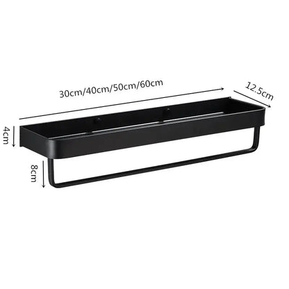 Modern black aluminum bathroom shower shelf with hooks and towel bar by decorbites in multiple lengths for black aluminum bathroom decor