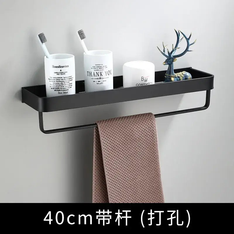 Modern black aluminum bathroom shower shelf with integrated towel bar and two cylindrical toothbrush holders decorbites black aluminum