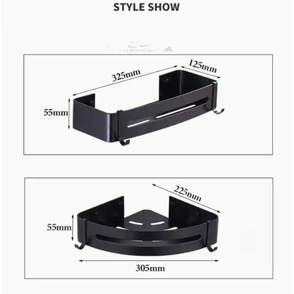 Modern black aluminum corner shelf with three tiers and integrated hooks for bathroom storage by decorbites black aluminum wall