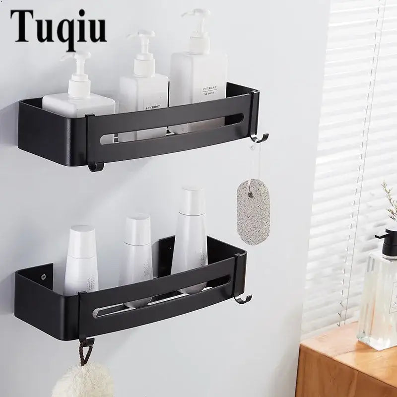 Modern decorbites black aluminum corner shelf with two tiers and hooks for black aluminum bathroom storage caddy