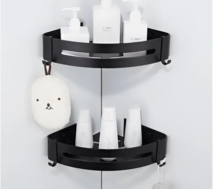 Black aluminum bathroom two-tier corner shelf with integrated hooks modern decorbites black aluminum caddy
