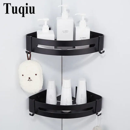 Black aluminum bathroom corner shelf with two tiers, slotted shelves, and hooks by decorbites for bathroom storage