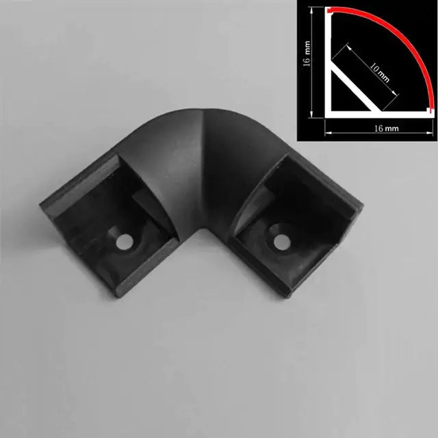 Black plastic corner bracket with 16 mm dimensions and 10 mm inner radius for decorbites black aluminum led profile
