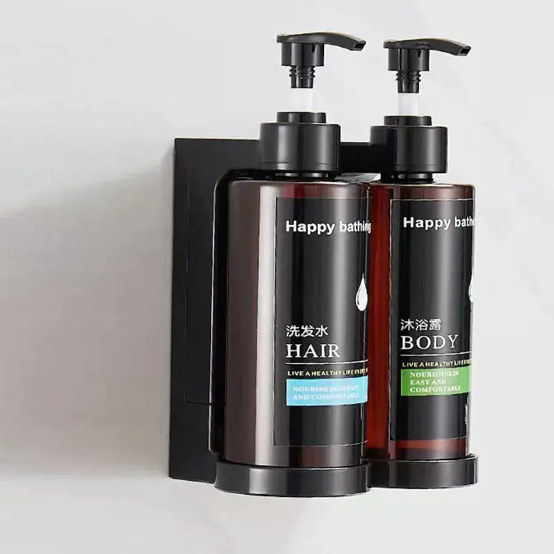 Modern black amber soap dispenser set wall-mounted with two happy bathing bottles for hair and body use decorbites amber soap