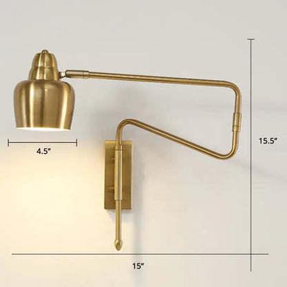 Modern black and brass retractable arm reading lamp with brass-finished adjustable wall sconce and bell-shaped lampshade