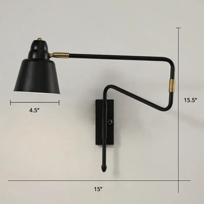 Modern black and brass wall-mounted reading lamp with retractable arm and sleek articulated design for bedroom lighting