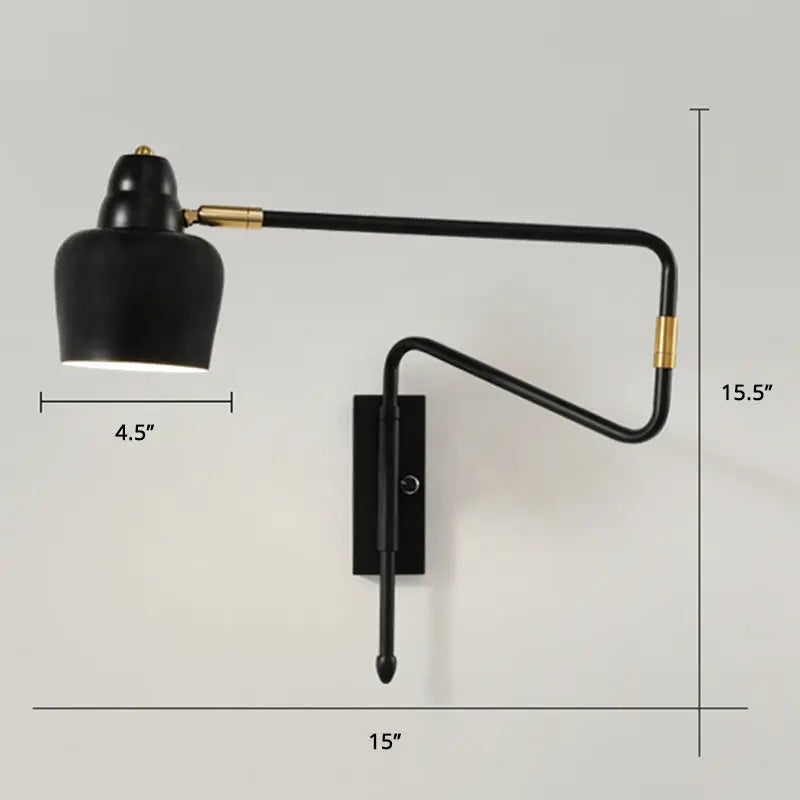 Modern black and brass retractable arm reading lamp with articulated arms for bedroom wall mounting