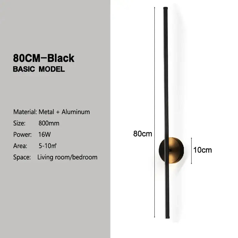 Black 80cm minimalist led wall sconce with sleek metal rod and circular brass base for modern living room wall light rotation