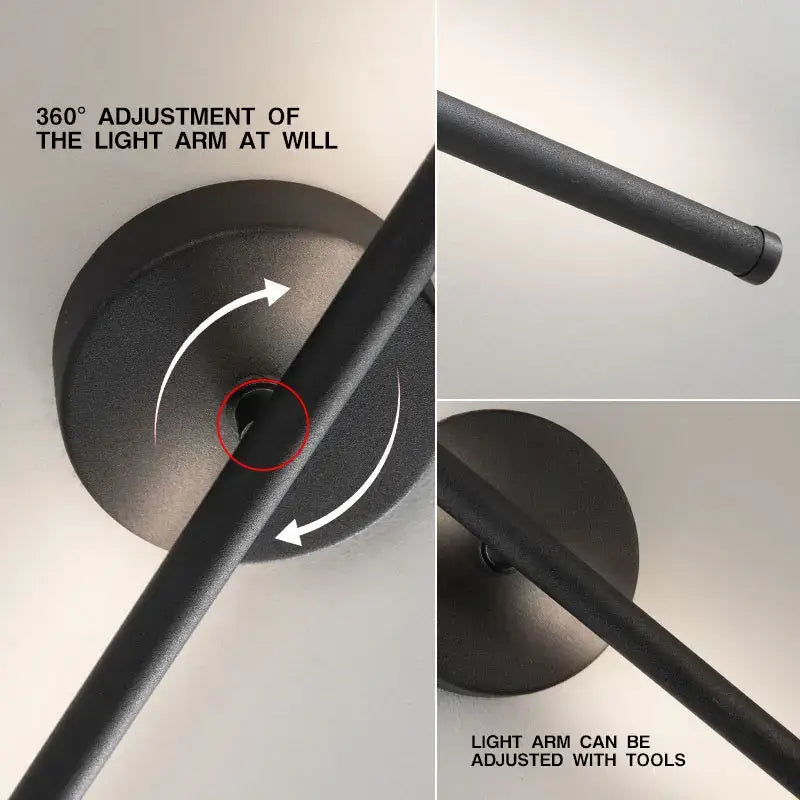 Modern black and brass rotation led wall light featuring a black matte adjustable arm with circular mounting base