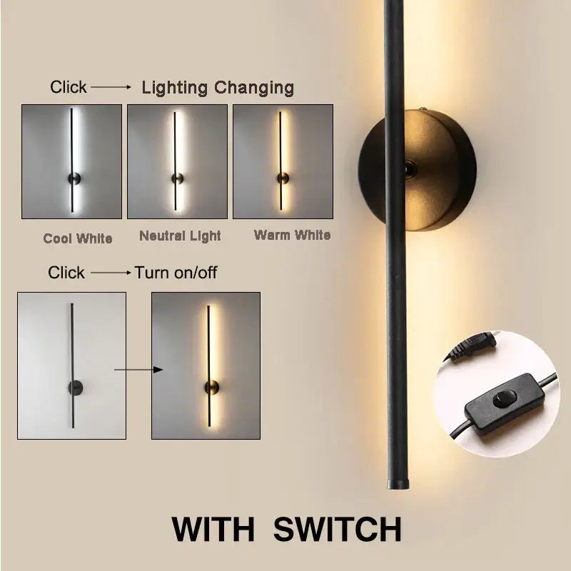 Modern black and brass rotation led wall light with cylindrical body and adjustable cool white to warm white modes