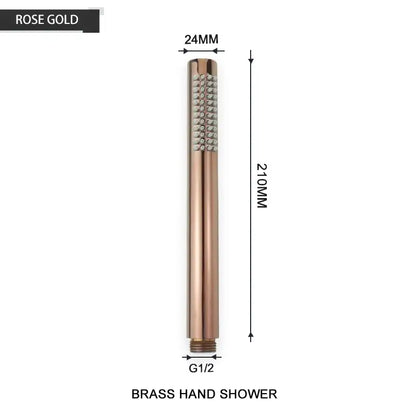 Modern black and brushed golden handheld shower head with rose gold brass textured diamond-patterned spray head and sleek body
