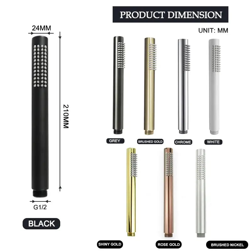 Modern black handheld shower head with matte finish and grid-pattern nozzles paired with brushed golden accents