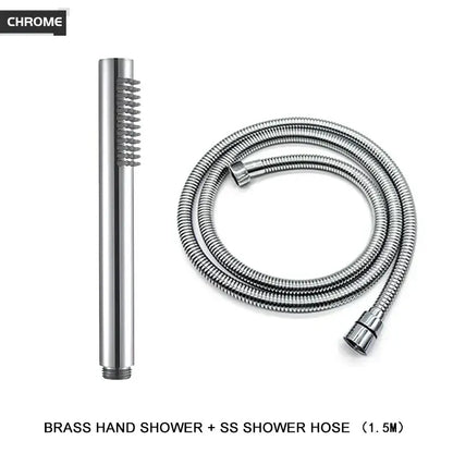 Modern black and brushed golden handheld shower head with chrome-finished brass body and flexible stainless steel hose