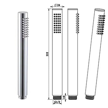 Chrome-finished shower head with sleek cylindrical design and multiple spray nozzles for modern handheld use