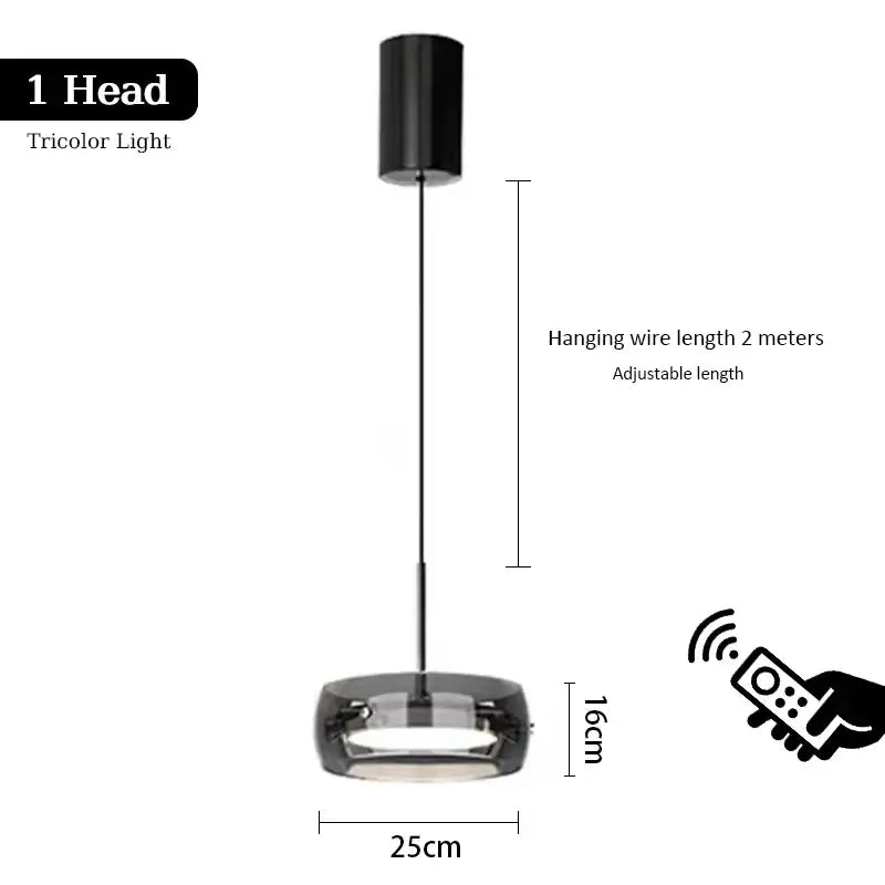 Black cylindrical pendant light with adjustable wire and remote control ideal for modern dining table lighting