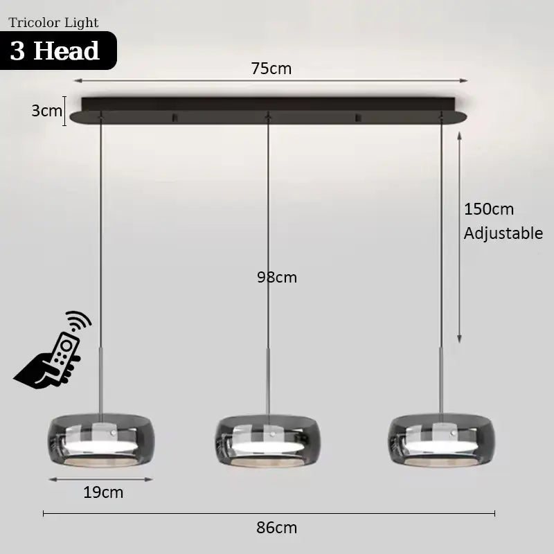 Modern black and chrome 3-light pendant light with remote control and adjustable spherical bulbs for dining table use